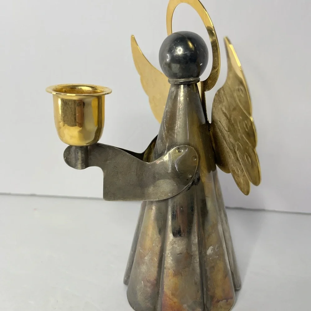 Vintage Angel Christmas Candle Holder 7” Silver /‎ Gold Plated On Brass.